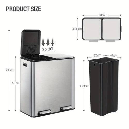 Kitchen Recycling Bin 2x30L 60L Pedal Soft Close Stainless Steel 15 Bags UK