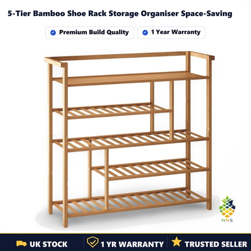 5-Tier Bamboo Shoe Rack Storage Organiser Space-Saving Hallway Bedroom UK