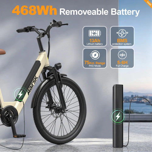Aairsk S600 Electric Bike 250W 36V 13Ah 26" Step-Through City E-Bike 7-Speed
