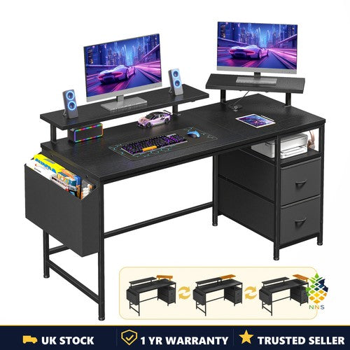 Gaming Desk 120cm with Drawers Reversible Computer Desk Dual Monitor Stands UK