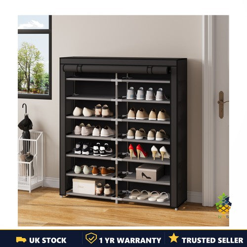 7-Tier Metal Shoe Rack Double-Row Cabinet Roll-Up Dustproof 118x30x135cm UK