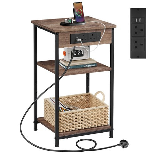 3-Tier Side Table with Charging Station End Table Adjustable Shelf Bedroom UK