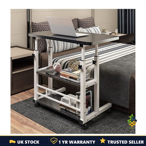 Mobile Laptop Table Adjustable Height Rolling Desk Storage Shelf Lockable Caster