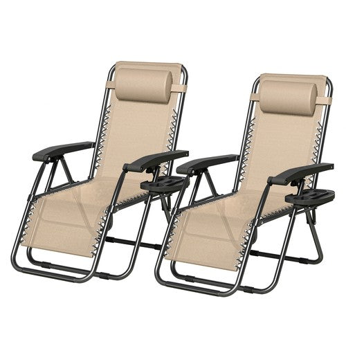 Set of 2 Zero Gravity Chairs Folding Recliner Sun Lounger Garden Camping Patio - Cream