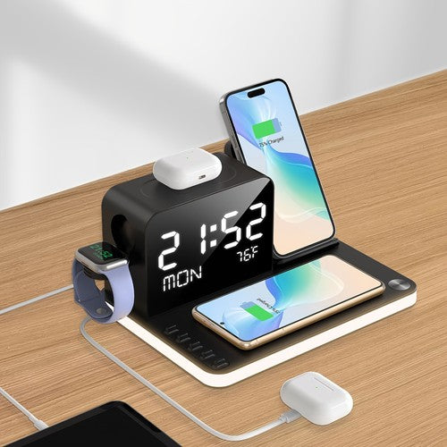 7 in 1 Wireless Charging Station Dual Phone Dock Clock Light Fast Charger UK