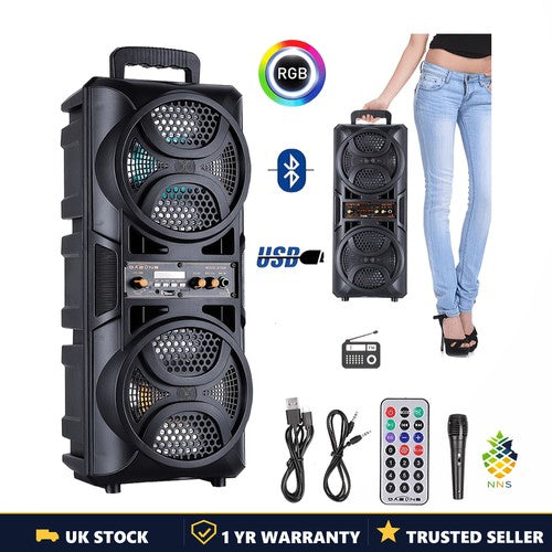 2800W Bluetooth Party Speaker Dual 6.5in Woofers Party Lights Karaoke Mic USB UK