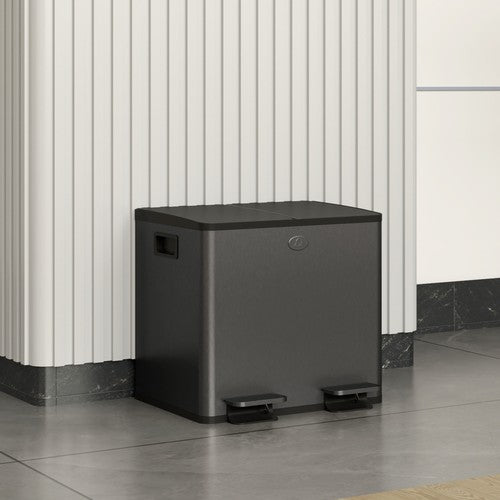 Dual Kitchen Bin 2x15L Stainless Steel Recycling Soft Close Lid Black 30L UK