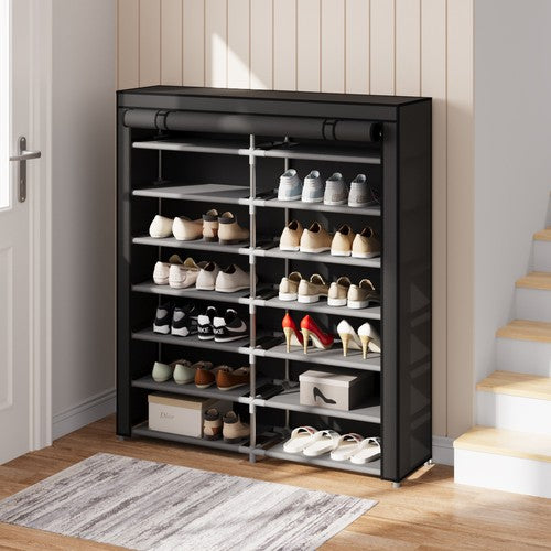 7-Tier Metal Shoe Rack Double-Row Cabinet Roll-Up Dustproof 118x30x135cm UK