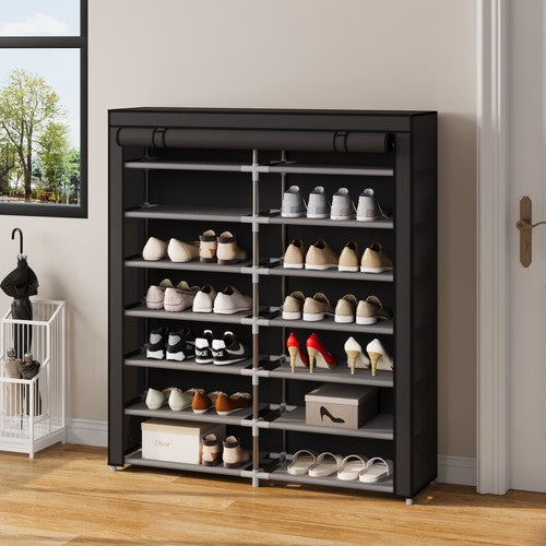 7-Tier Metal Shoe Rack Double-Row Cabinet Roll-Up Dustproof 118x30x135cm UK