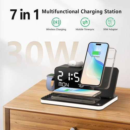 7 in 1 Wireless Charging Station Dual Phone Dock Clock Light Fast Charger UK