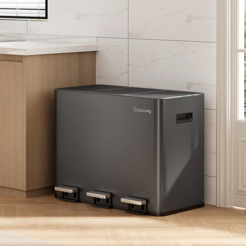 Stainless Steel Step Trash Can 45L 3-Compartment Recycling Bin Soft Close Pedal