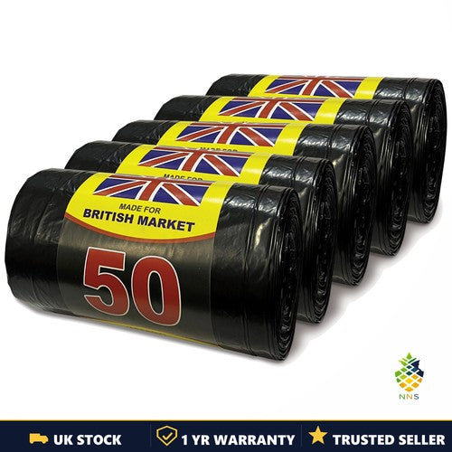 250 Heavy Duty Black Bin Liners 75L 5 Rolls 50 Per Roll 72x85cm Sacks UK