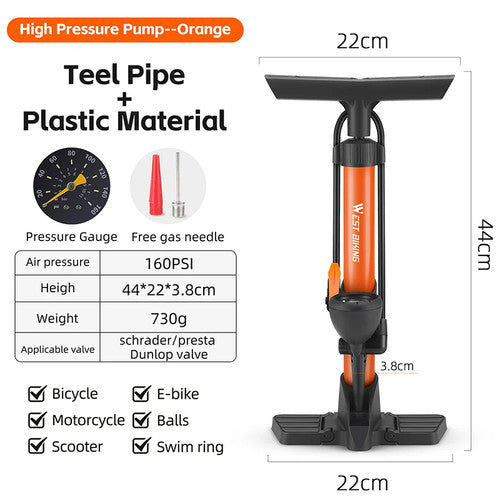 West Biking Essential Bike Floor Pump Manual 160Psi Schrader Presta Valve UK