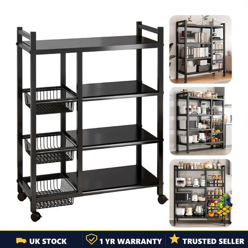 4-Tier Heavy Duty Metal Kitchen Storage Trolley Cart Wheels Fruit Basket UK