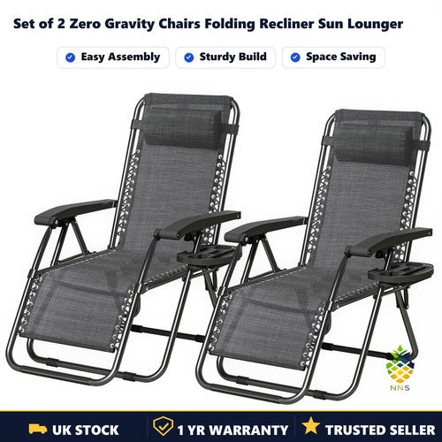 Set of 2 Zero Gravity Chairs Folding Recliner Sun Lounger Garden Camping Patio