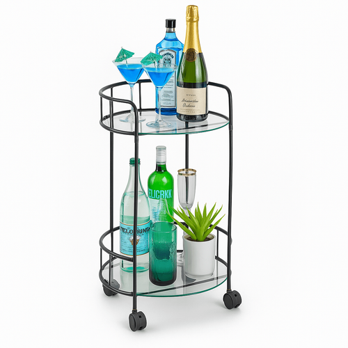 Drinks Trolley Bar Cart Black 2 Glass Shelves Castor Wheels Serving Cart UK