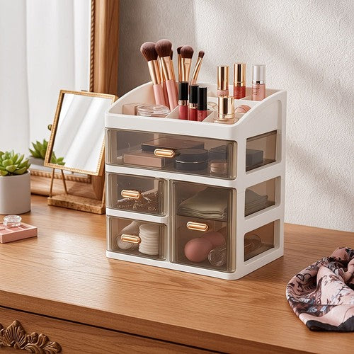 Transparent 4-Compartment Desktop Organiser Drawers Makeup Stationery Storage UK