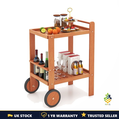Wood Bar Cart 2-Tier Rolling Serving Trolley Wine Bottle Holders Kitchen UK