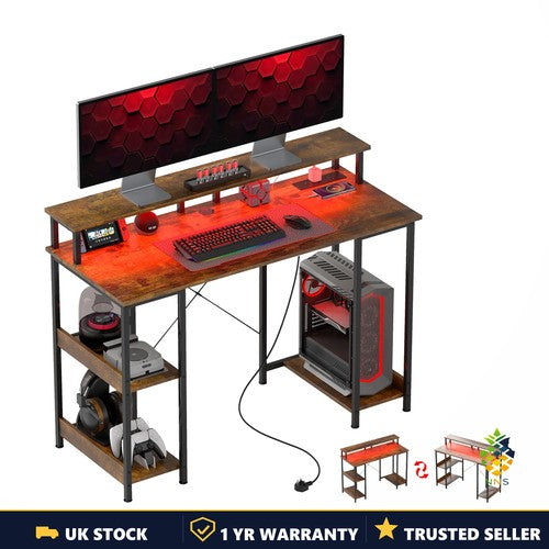 Computer Desk Power Outlets LED Lights 120x50cm Storage Monitor Stand Rustic UK