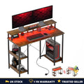 Computer Desk Power Outlets LED Lights 120x50cm Storage Monitor Stand Rustic UK