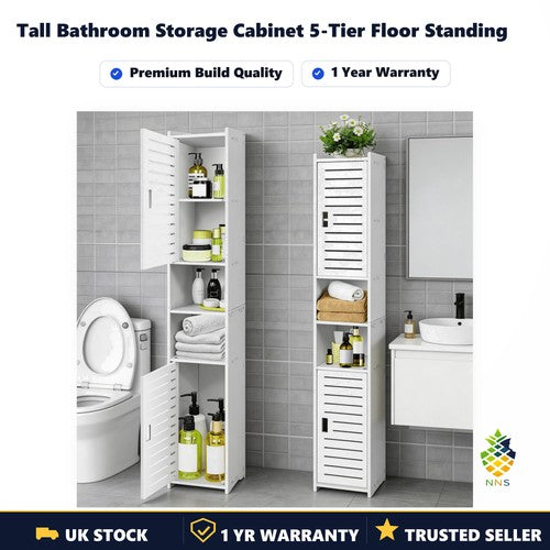 Tall Bathroom Storage Cabinet 5-Tier Floor Standing Adjustable Shelves White UK