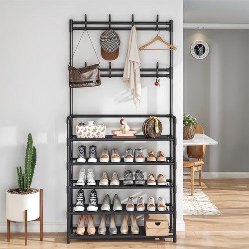 Shoe & Hat Storage Rack 8 Hooks 5-Tier Coat Garment Stand Black 60x25x167cm UK