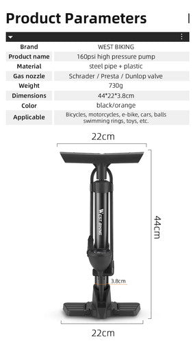 West Biking Essential Bike Floor Pump Manual 160Psi Schrader Presta Valve UK