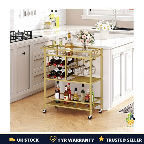 3-Tier Mobile Serving Cart Gold Drinks Trolley Wine Rack Cup Holders Home UK