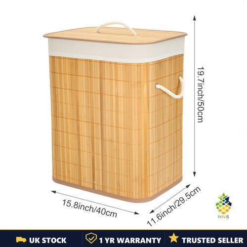 60L Bamboo Laundry Basket Foldable Storage Hamper with Handles Detachable UK