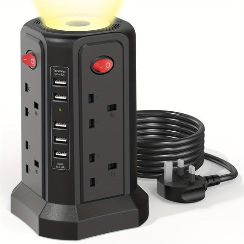 Tower Extension Lead 8-Way USB 3250W 13A Surge Protected 4 Switches Night Light