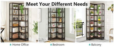 Tribesigns Modern Sleek 7-Tier Industrial Corner Bookshelf Wood Metal Retro UK