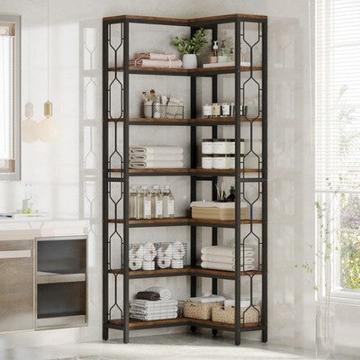 Tribesigns Modern Sleek 7-Tier Industrial Corner Bookshelf Wood Metal Retro UK