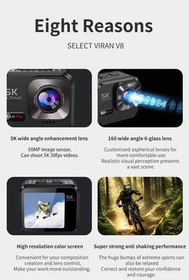 Viran V8 Action Camera 5K30FPS FHD Waterproof Sport Cam Remote Control WiFi