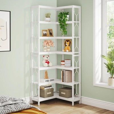 Tribesigns Modern Sleek 7-Tier Industrial Corner Bookshelf Wood Metal Retro UK