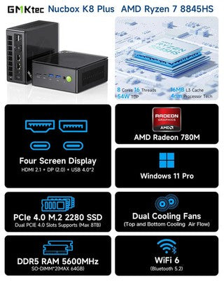 GMKtec Fast K8 Plus Ryzen 7 8845HS Mini PC 32GB DDR5 1TB Win11 Pro WiFi6 BT5.2