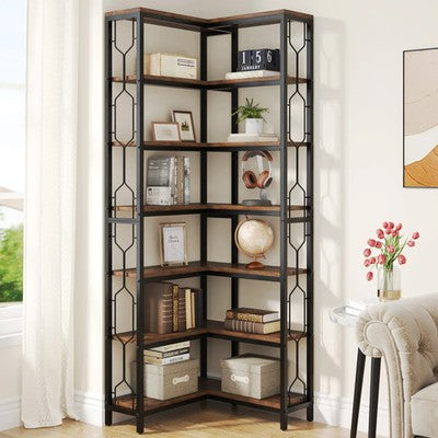 Tribesigns Modern Sleek 7-Tier Industrial Corner Bookshelf Wood Metal Retro UK