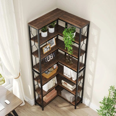 Tribesigns Modern Sleek 7-Tier Industrial Corner Bookshelf Wood Metal Retro UK