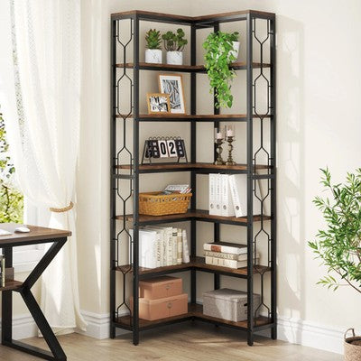 Tribesigns Modern Sleek 7-Tier Industrial Corner Bookshelf Wood Metal Retro UK