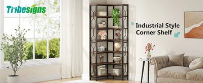 Tribesigns Modern Sleek 7-Tier Industrial Corner Bookshelf Wood Metal Retro UK