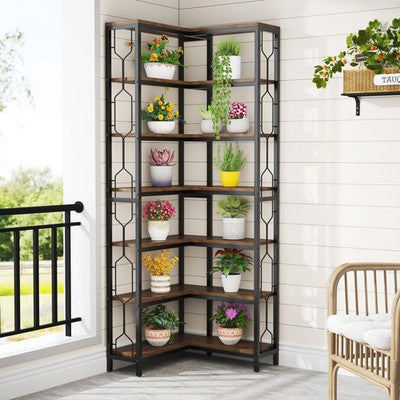 Tribesigns Modern Sleek 7-Tier Industrial Corner Bookshelf Wood Metal Retro UK