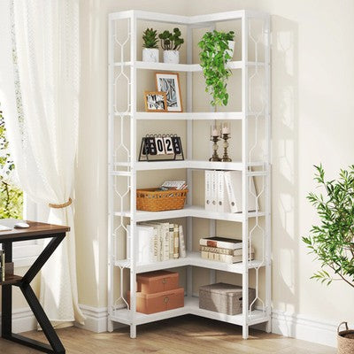 Tribesigns Modern Sleek 7-Tier Industrial Corner Bookshelf Wood Metal Retro UK