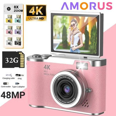 AMORUS 4K Digital Camera 48MP HD CCD Student Camera Anti Shake 180 Flip - Gift