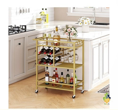 3-Tier Mobile Serving Cart Gold Drinks Trolley Wine Rack Cup Holders Home UK