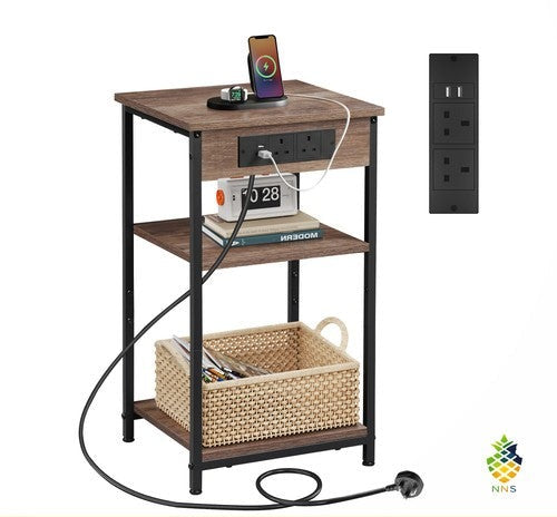 3-Tier Side Table with Charging Station End Table Adjustable Shelf Bedroom UK