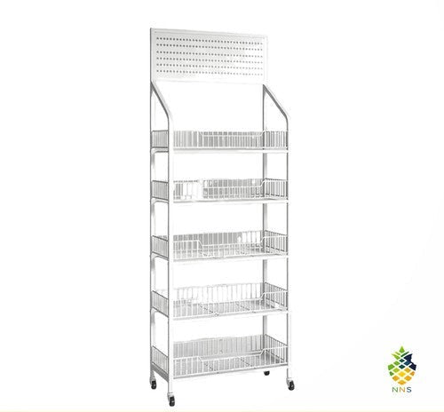 5-Tier Freestanding Display Rack Mesh Panel Metal Stand 10 Hooks Wheels White UK