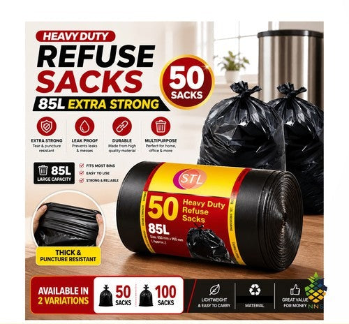 50 Heavy Duty Black Bin Liners Rubbish Bags Waste Garbage Sacks Strong UK