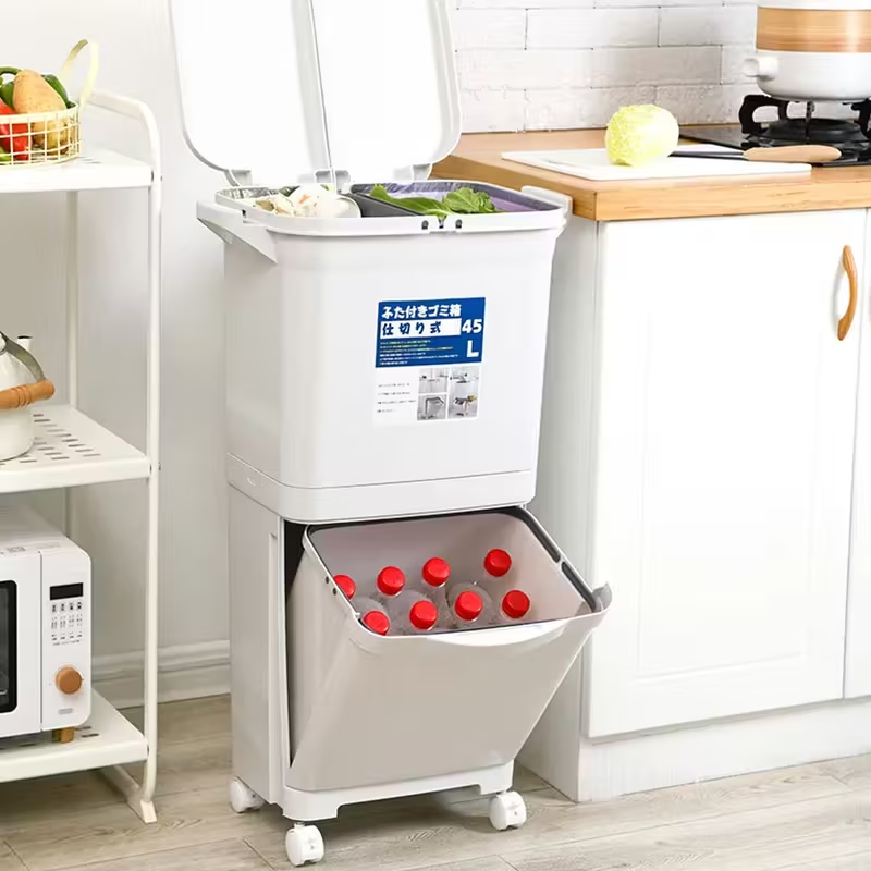 45L 2 Tier Mobile Recycling Bin | Kitchen Waste Bin Wheels, Dual Compartment UK