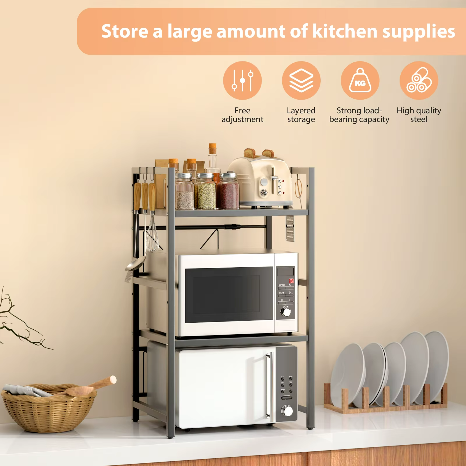 Microwave Oven Rack Stand Shelf Adjustable 40–60cm Kitchen Storage Organiser UK