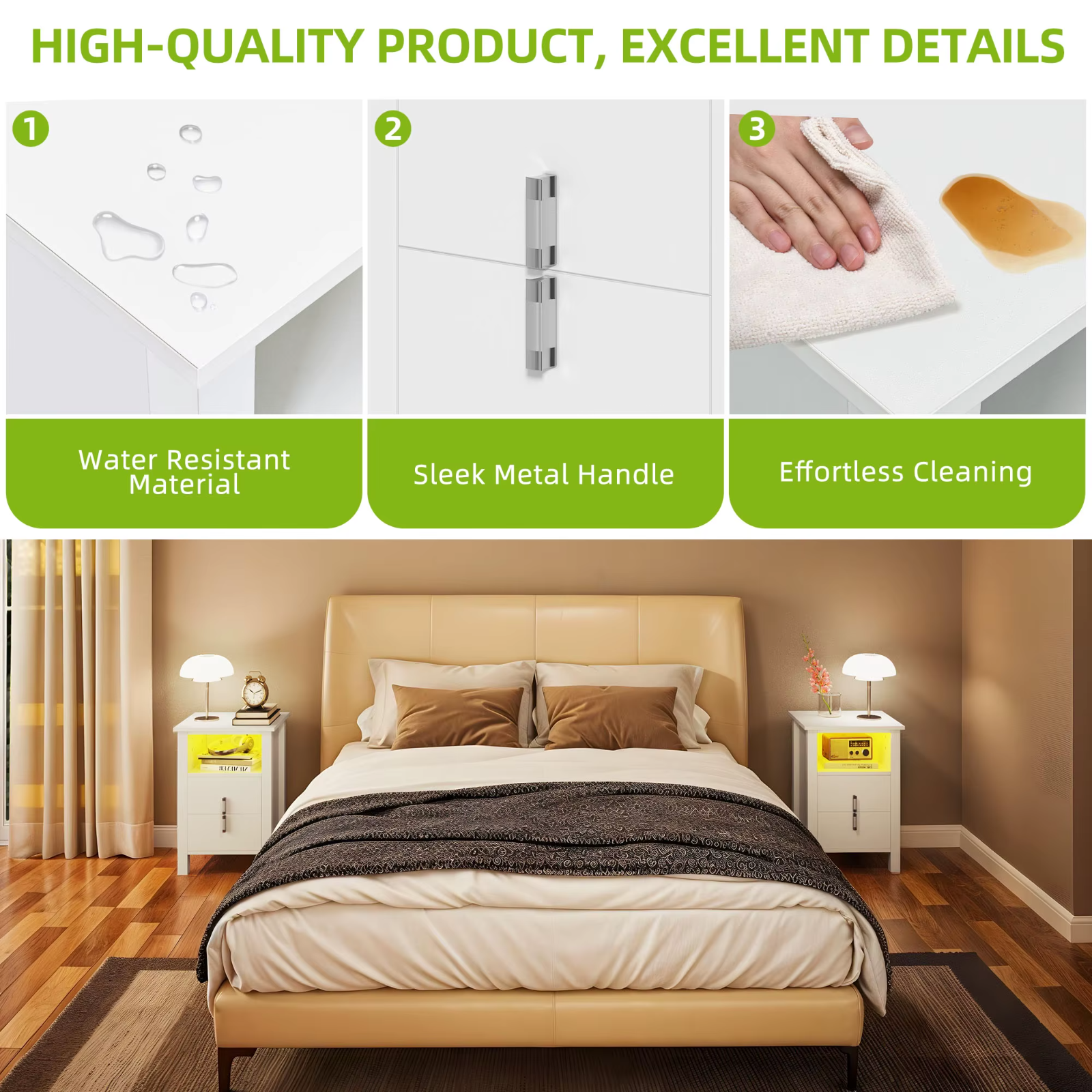 YITAHOME Bedside Tables Set of 2 Nightstand White LED Modern UK