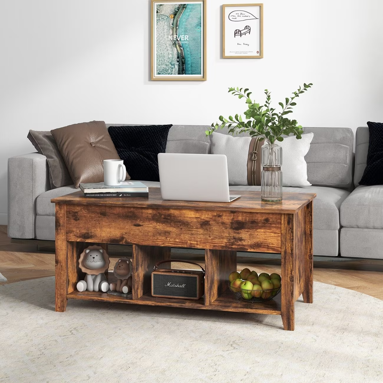 Lift Top Coffee Table with Storage Rustic Brown Modern UK